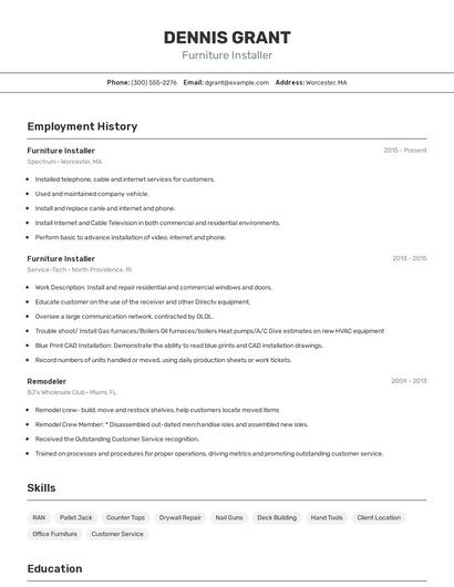Furniture Installer Resume