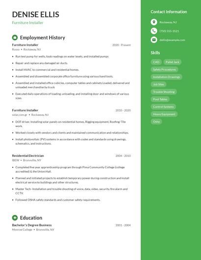 Furniture Installer Resume