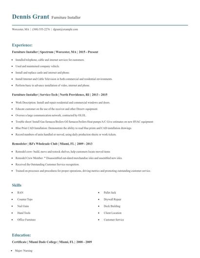Furniture Installer Resume