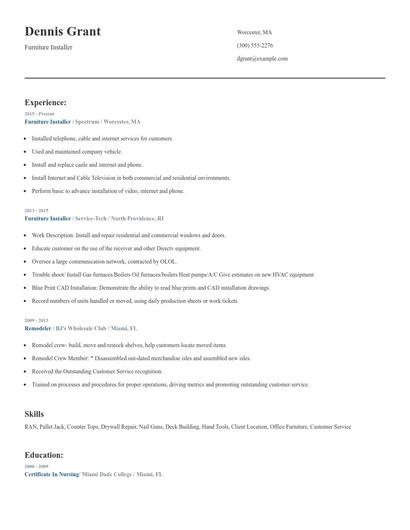 Furniture Installer Resume