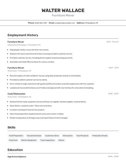 Furniture Mover Resume