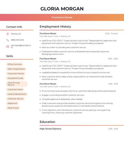 Furniture Mover Resume