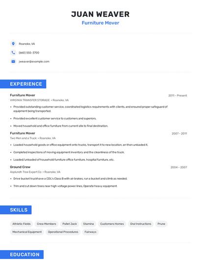 Furniture Mover Resume