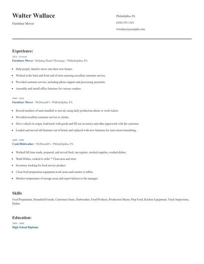 Furniture Mover Resume