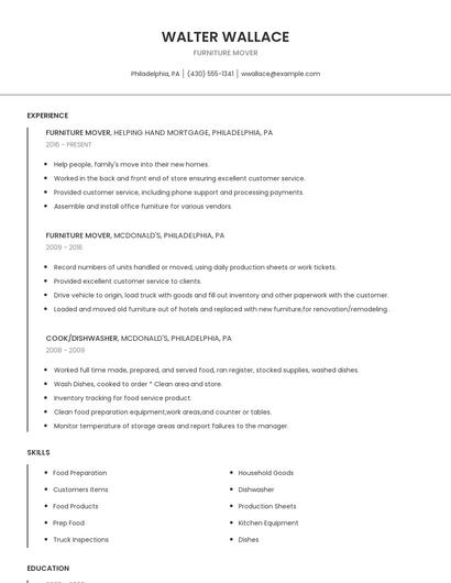 Furniture Mover Resume