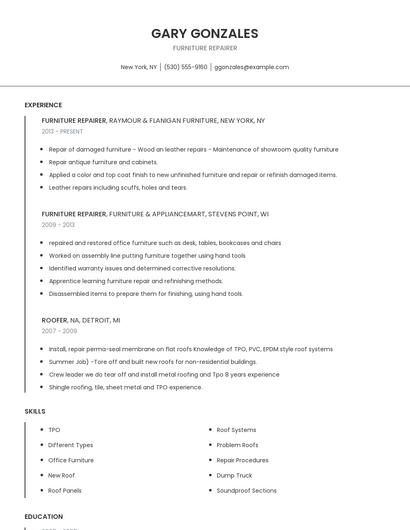 Furniture Repairer Resume