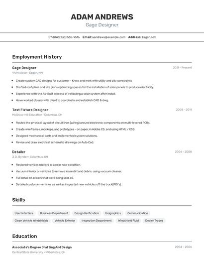 Gage Designer Resume