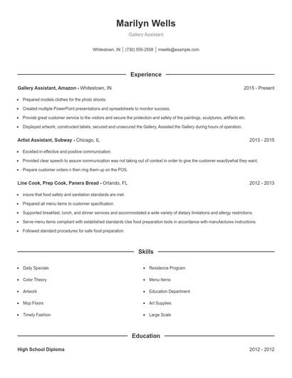 Gallery Assistant Resume