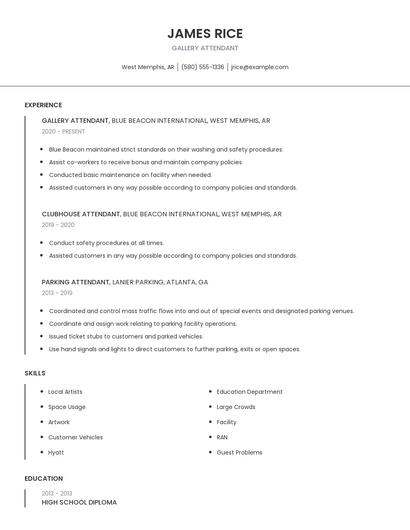 Gallery Attendant Resume