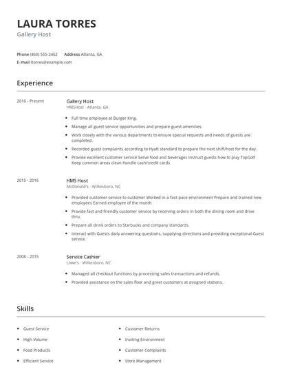 Gallery Host Resume