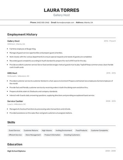 Gallery Host Resume