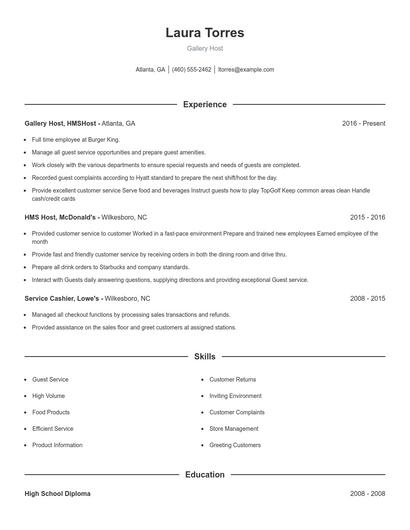 Gallery Host Resume