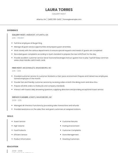 Gallery Host Resume