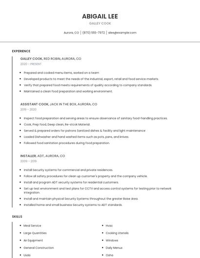Galley Cook Resume