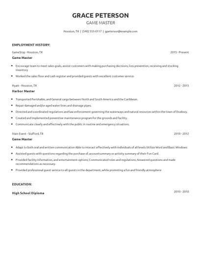 Game Master Resume