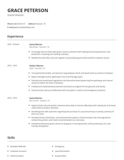 Game Master Resume