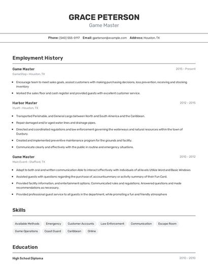 Game Master Resume