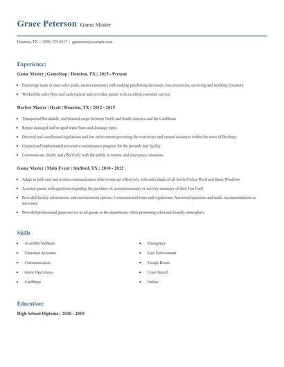 Game Master Resume