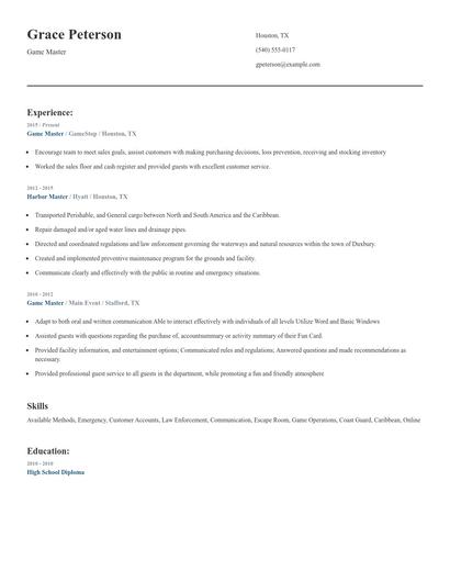 Game Master Resume