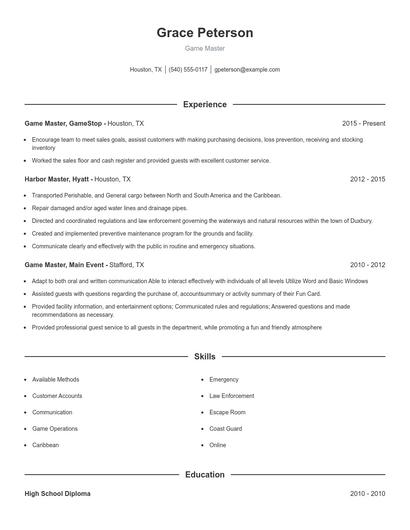 Game Master Resume