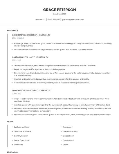 Game Master Resume