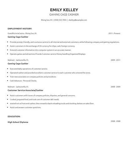 Gaming Cage Cashier Resume