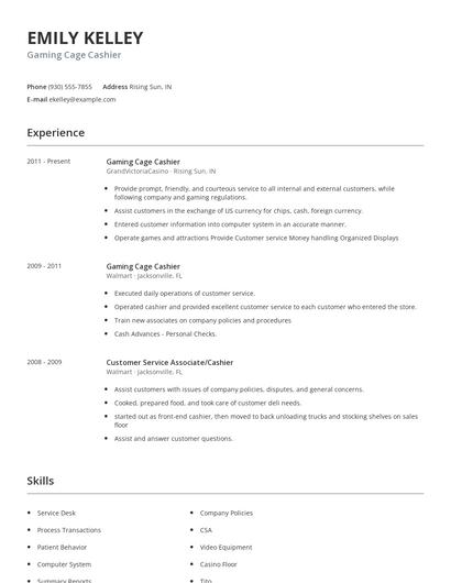 Gaming Cage Cashier Resume