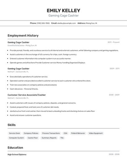 Gaming Cage Cashier Resume