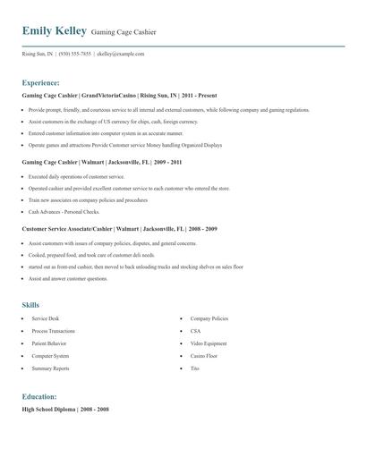 Gaming Cage Cashier Resume
