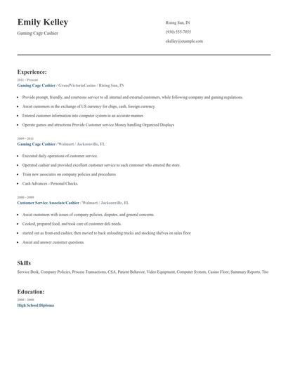Gaming Cage Cashier Resume