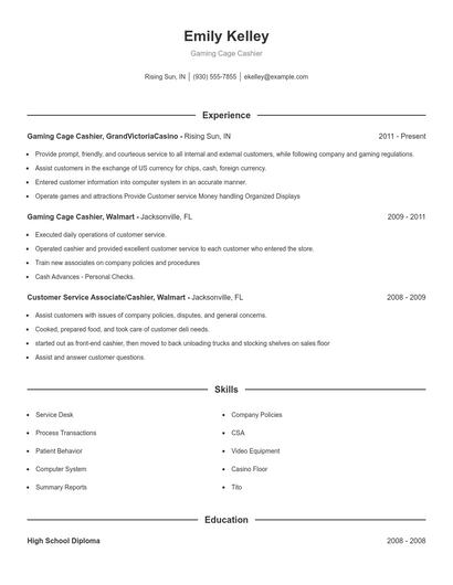 Gaming Cage Cashier Resume