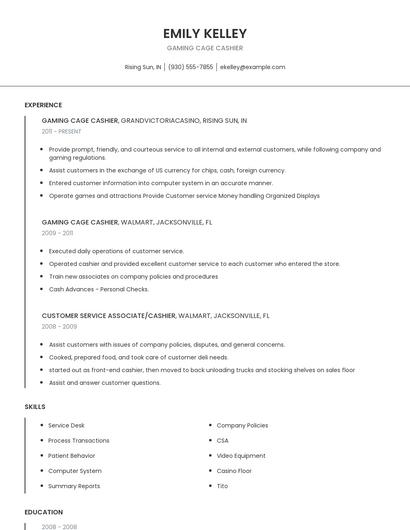 Gaming Cage Cashier Resume