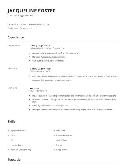 Gaming Cage Worker Resume