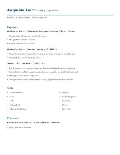 Gaming Cage Worker Resume
