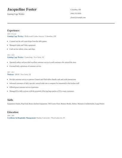 Gaming Cage Worker Resume
