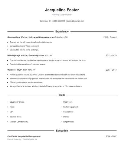 Gaming Cage Worker Resume
