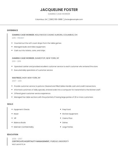 Gaming Cage Worker Resume