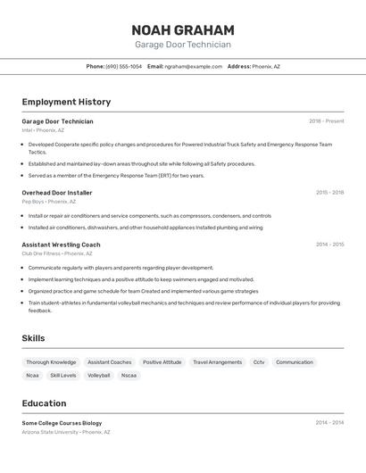Garage Door Technician Resume