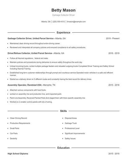 Garbage Collector Driver Resume