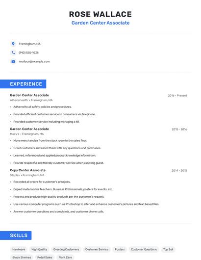 Garden Center Associate Resume