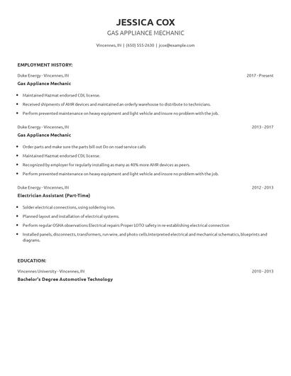 Gas Appliance Mechanic Resume