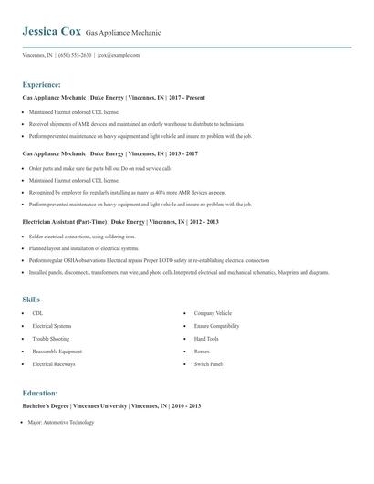 Gas Appliance Mechanic Resume