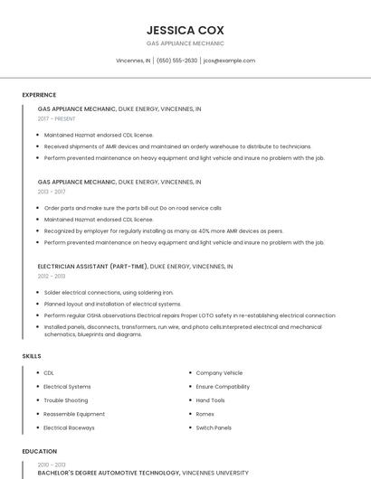 Gas Appliance Mechanic Resume