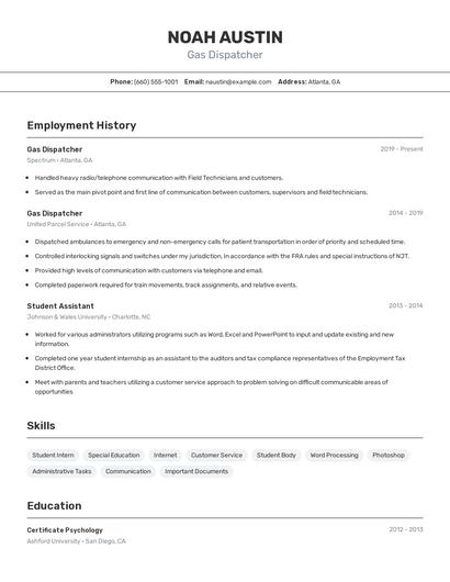Gas Dispatcher Resume