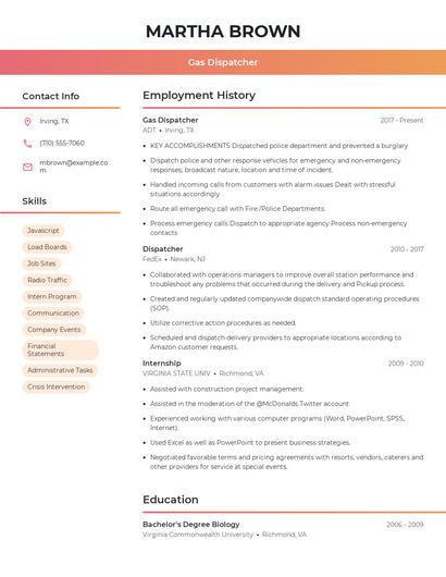 Gas Dispatcher Resume