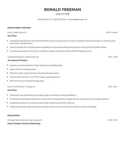 Gas Fitter Resume
