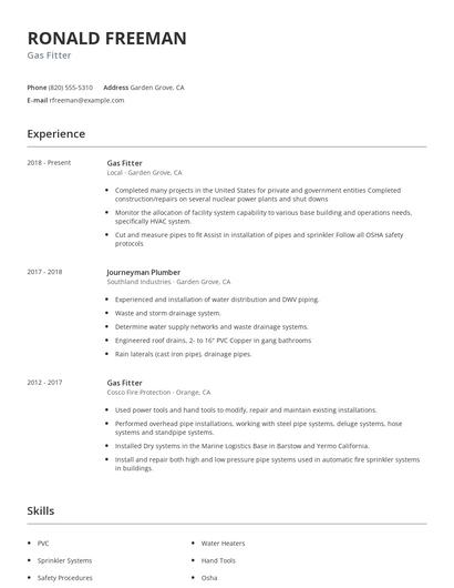 Gas Fitter Resume