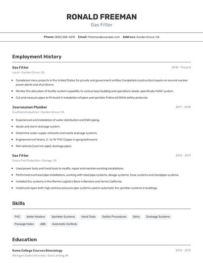 Gas Fitter Resume