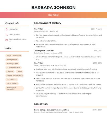 Gas Fitter Resume