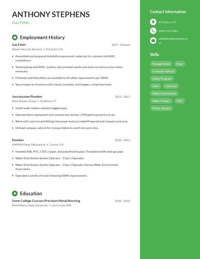 Gas Fitter Resume